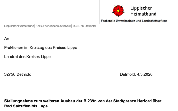 Stellungnahme des Lippischen Heimatbundes gegen die B239n