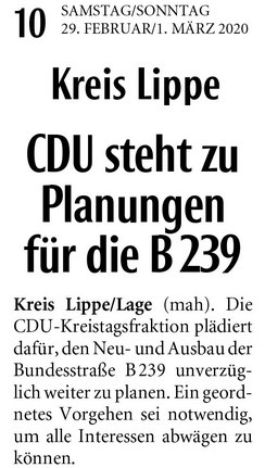 CDU steht zu Planungen für die B 239