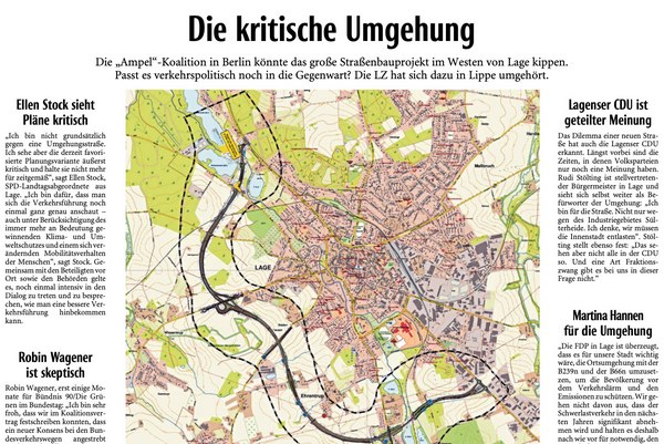 Sonderseite in der Lippischen Landeszeitung zur B239n um Lage am 18. Januar 2022