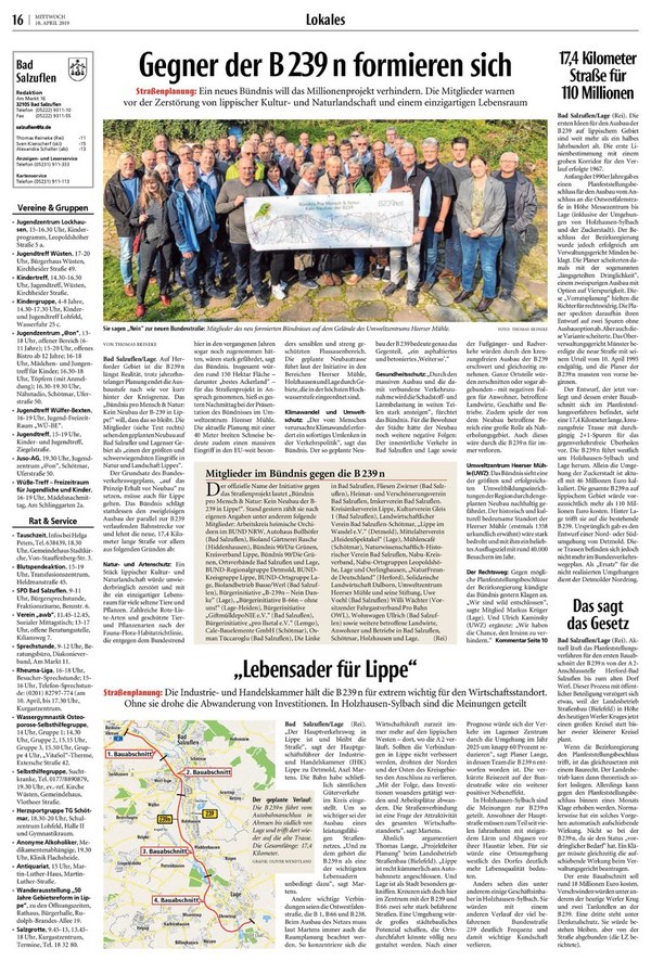 B239n Sonderseite am 10. April 2019 in der Lippischen Landeszeitung